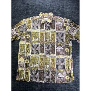 Kahala Button Down Shirt Mens L Green Brown Tropical Block Print Hawaiian Cotton